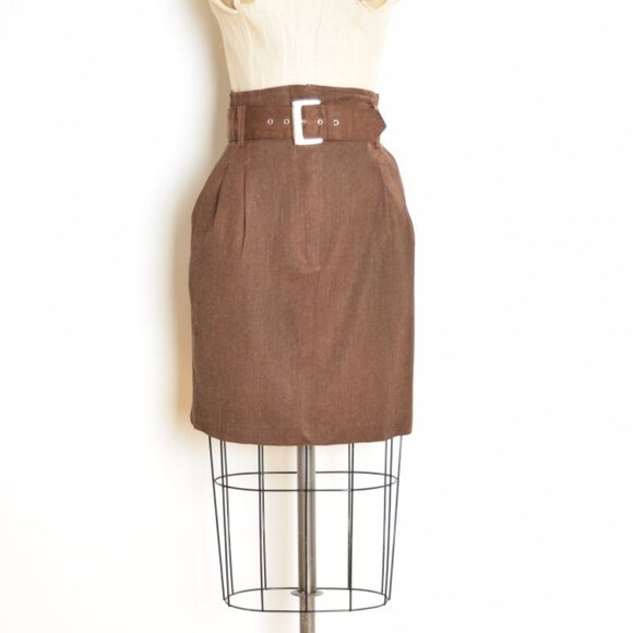 vintage 80s pencil skirt brown high waisted wide belt belted narrow mini skirt S - Picture 1 of 8